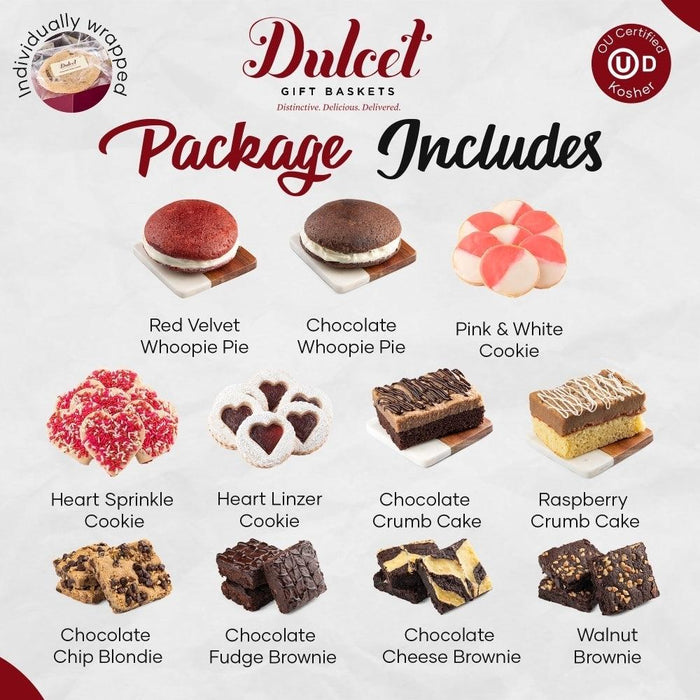 Package includes assortment of heart and slice cookies in labeled sections