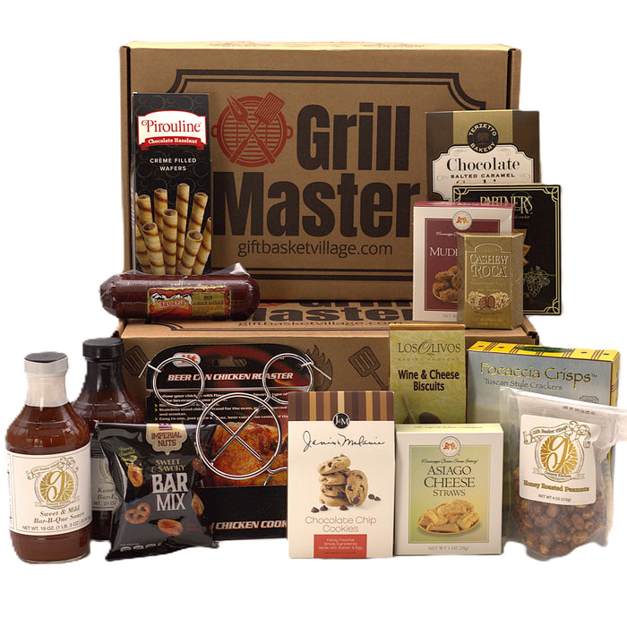 Grill-themed gift box with assorted sauces, cookies, snacks, and spice mixes
