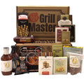 Grill-themed gift box with assorted sauces, cookies, snacks, and spice mixes
