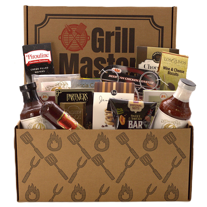 Grill-themed gift box with sauces, chips, jerky snacks, and cookie packets