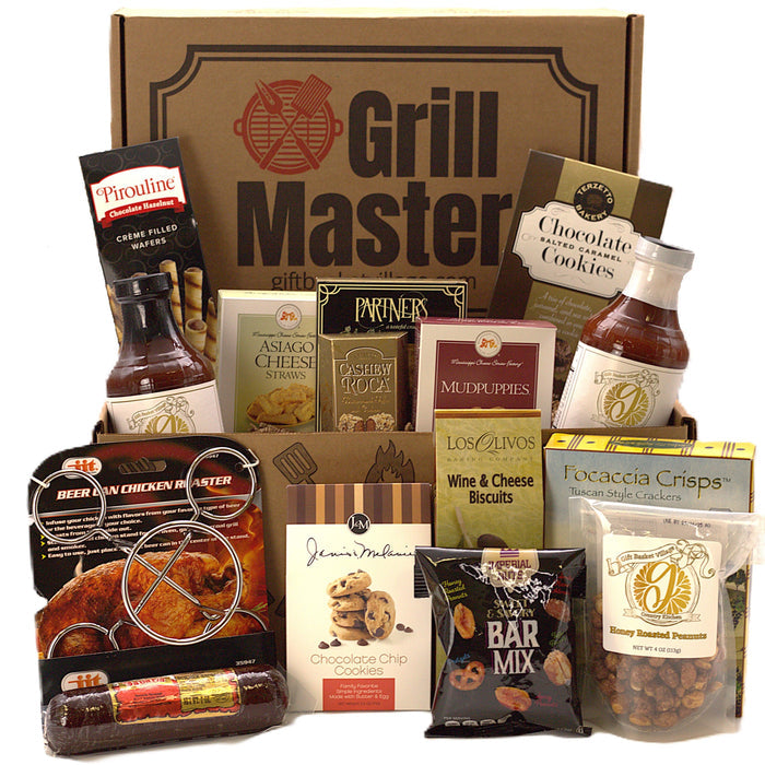 Grill-themed gift box with beer-basted kit, cookies, cheese snacks, and bar mix