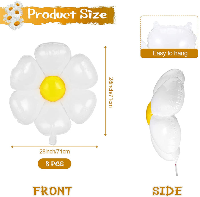 White daisy foil balloon set, yellow center, 28in (71cm), 8 pieces