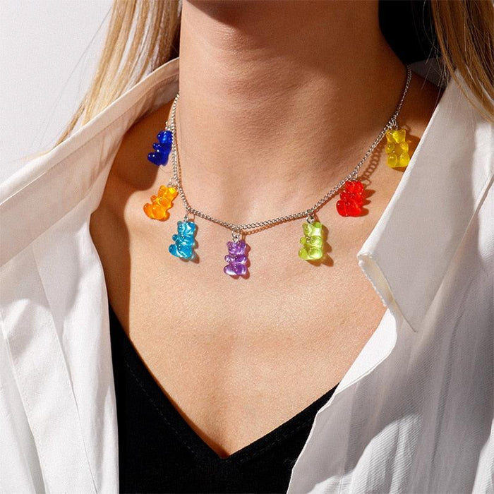 Gummy bear charm necklace with multicolor gummy bear charms on silver-tone chain