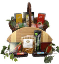 Halftime favorites gift basket with wicker tray holding assorted snack and drink mixes