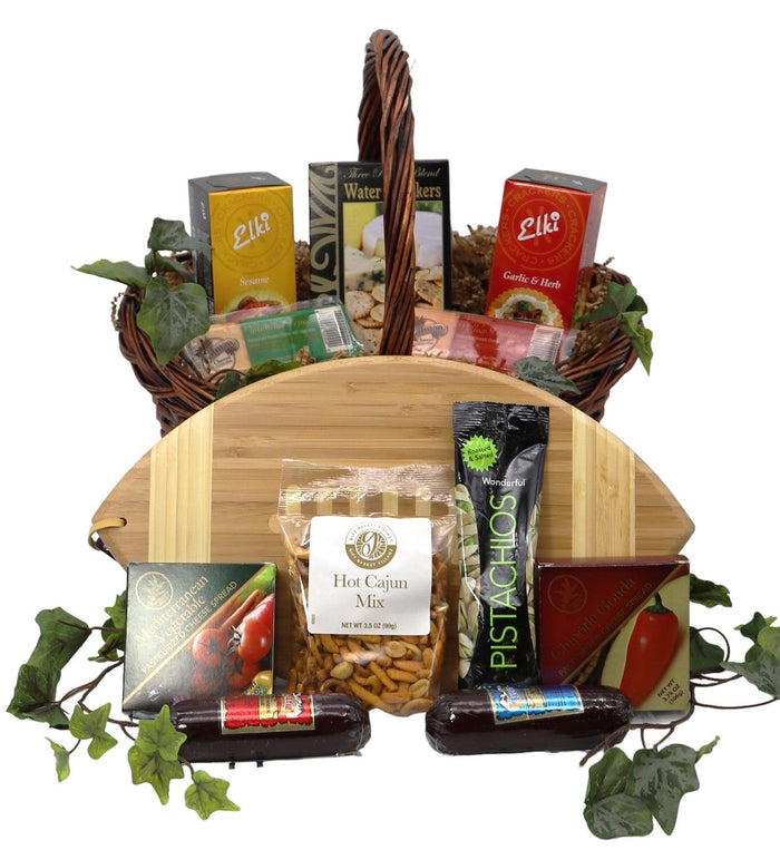 Halftime favorites gift basket with wicker tray holding assorted snack and drink mixes