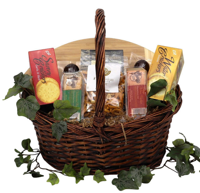 Halftime favorites gift basket with wicker basket holding packaged snacks and drink mixes