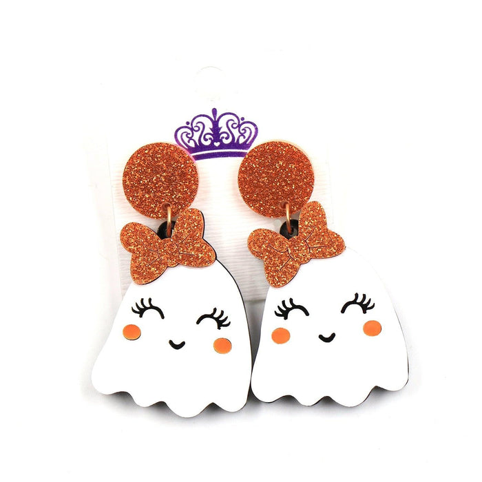 Ghost face earrings with orange glitter bow and purple crown detail, white faces, pair