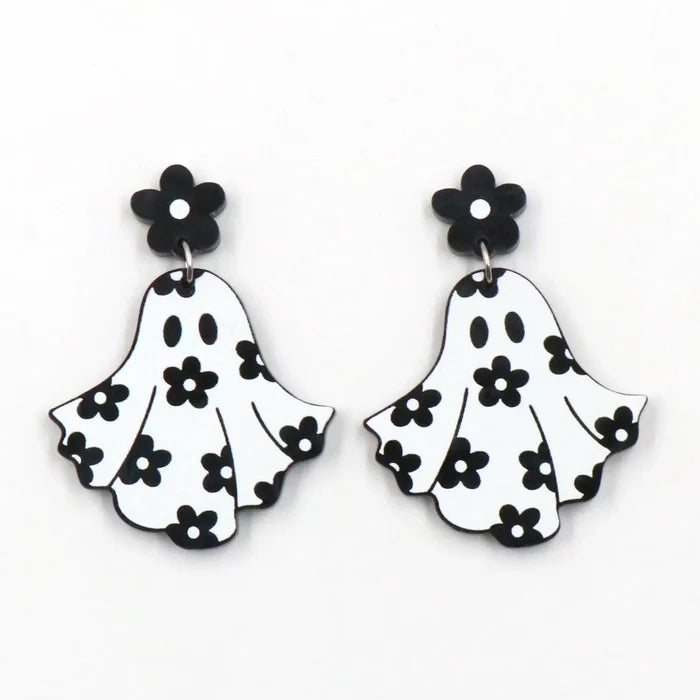 Ghost earrings with black flower studs and white dangling ghost charms with black spots