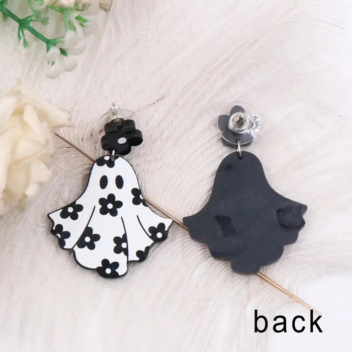 Ghost earrings front and back view: white ghost charms with black floral accents