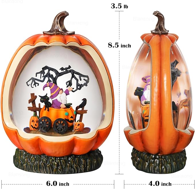 Orange pumpkin snow globe with Halloween figurines, shown from front and side views