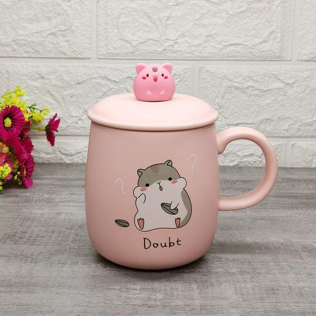 Pink hamster-themed ceramic mug with lid, “Doubt” text and hamster face graphic
