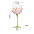 Flower-pattern wine glass, green stem; painted pink petals on clear bowl; 440 ml