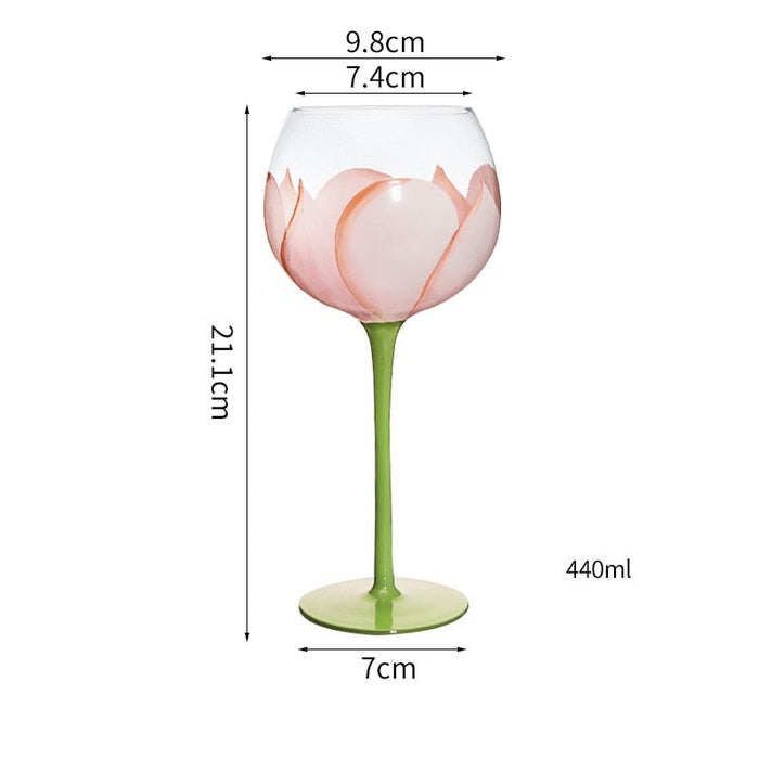 Flower-pattern wine glass, green stem; painted pink petals on clear bowl; 440 ml