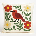 Bird embroidered pillow cover, red-orange bird and floral leaves on white