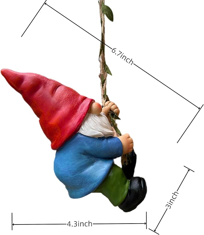 Climbing gnome garden statue with size labels, red hat, white beard, blue body, green pants, black shoes