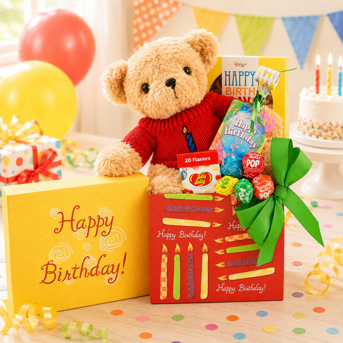 Birthday gift box with teddy bear plush in red sweater, candies and balloons