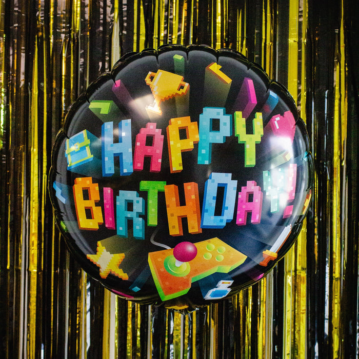 Gaming birthday balloon, black foil with colorful pixel text and console controller graphic