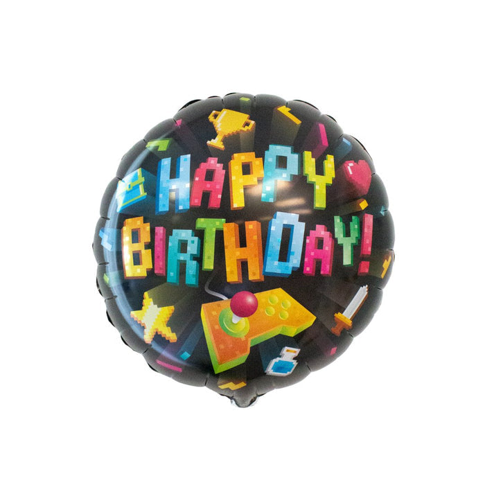 Happy Birthday gaming foil balloon, pixel letters in bright colors on dark background