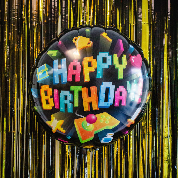 Gaming birthday foil balloon with pixel Happy Birthday wording and gaming icons