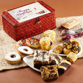 Happy Birthday wicker gift basket, red woven style with lid and assorted cookies inside