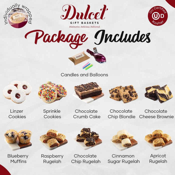 Package includes: candles & balloons and cookie assortment (linzer, brownies, rugelach)