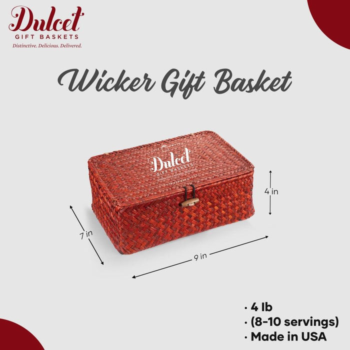 Red wicker gift basket size diagram: 9 in long, 7 in wide, 4 in high
