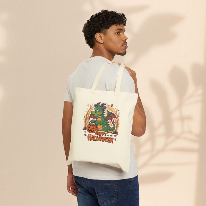 Happy Halloween Dragon Cotton Canvas Tote Bag – Cute Baby Dragon with Jack-O-Lantern | Natural & Black | 15” × 16” | Dragon Lover Halloween Gift