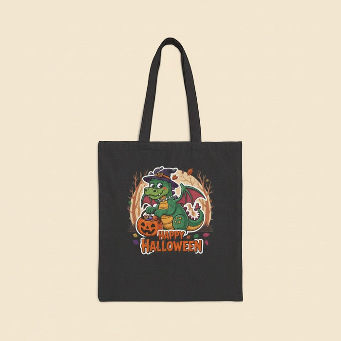 Happy Halloween Dragon Cotton Canvas Tote Bag – Cute Baby Dragon with Jack-O-Lantern | Natural & Black | 15” × 16” | Dragon Lover Halloween Gift