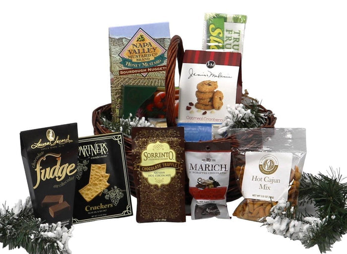 Holiday gift basket filled with assorted packaged snacks and baking mixes