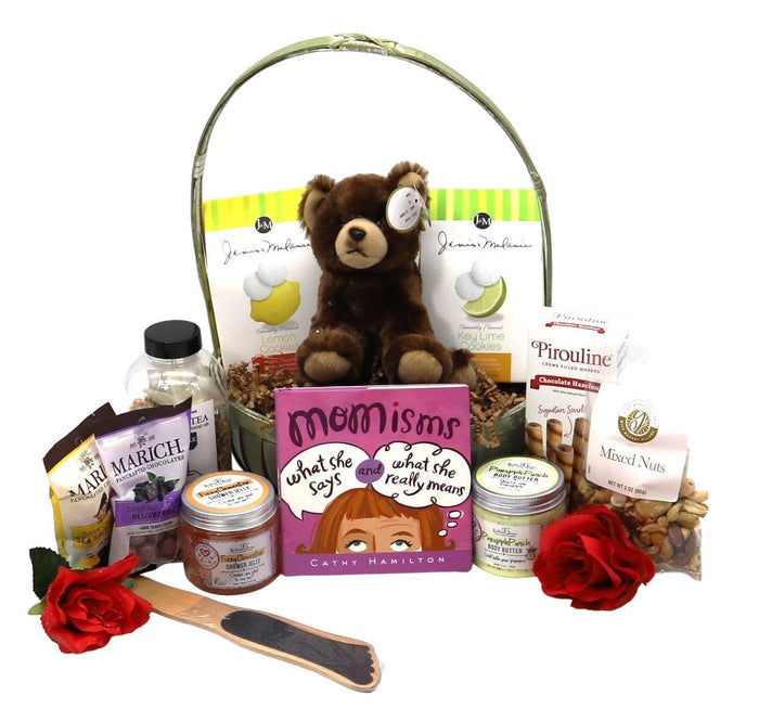 Mother's Day gift basket with teddy bear, cookies, jars, and red roses