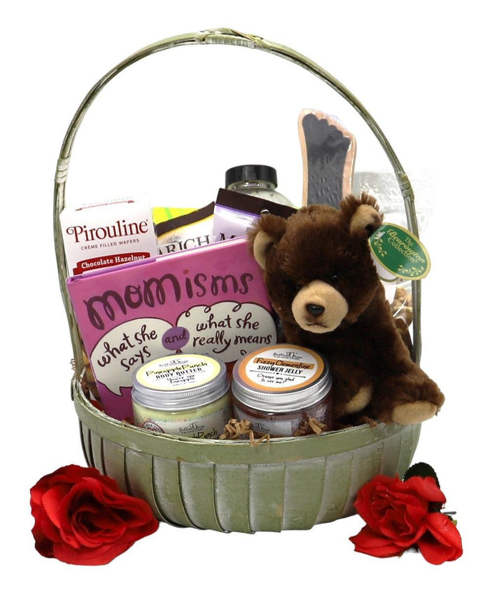 Mother's Day gift basket with teddy bear, assorted snacks, and red roses