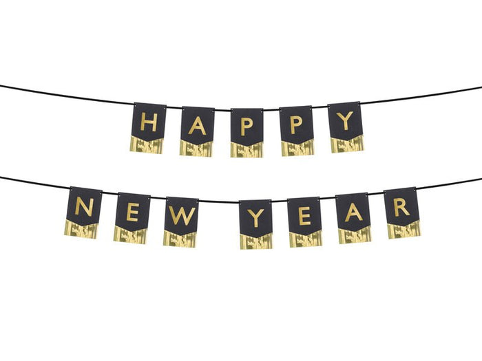 Happy New Year banner with black flag pennants and gold letter print
