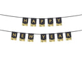 Happy New Year banner with black flag pennants and gold letter print