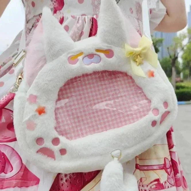 White cat plush ita bag with pink gingham inner panel and yellow star bow