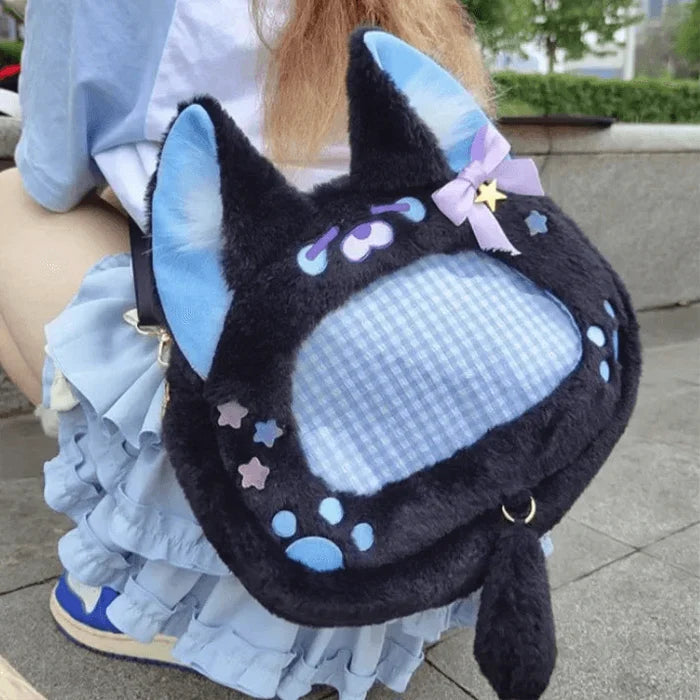 Black cat plush ita bag with light blue inner patch and ribbon star charm