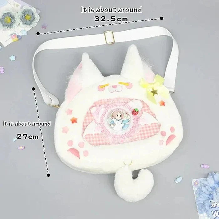 White cat plush ita bag with pink gingham center panel and yellow star bow