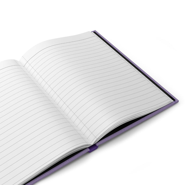 Hardcover journal opened flat with lined white pages and purple spine/edge.