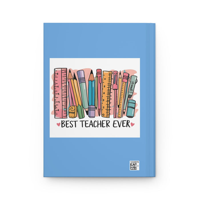 Blue hardcover journal back cover with pencil graphic and QR code
