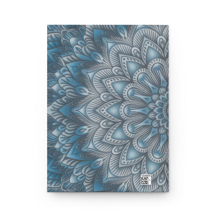 Matte hardcover journal cover with blue and gray mandala pattern, small QR code