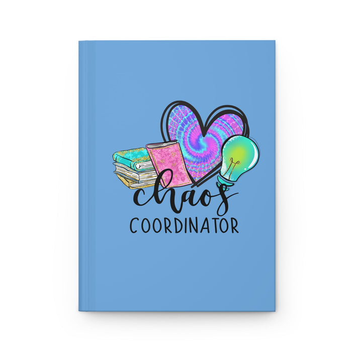 Blue matte hardcover journal with 'Chaos Coordinator' heart graphic on front