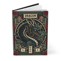 Hardcover journal with matte dragon artwork on the front cover in dark green and black