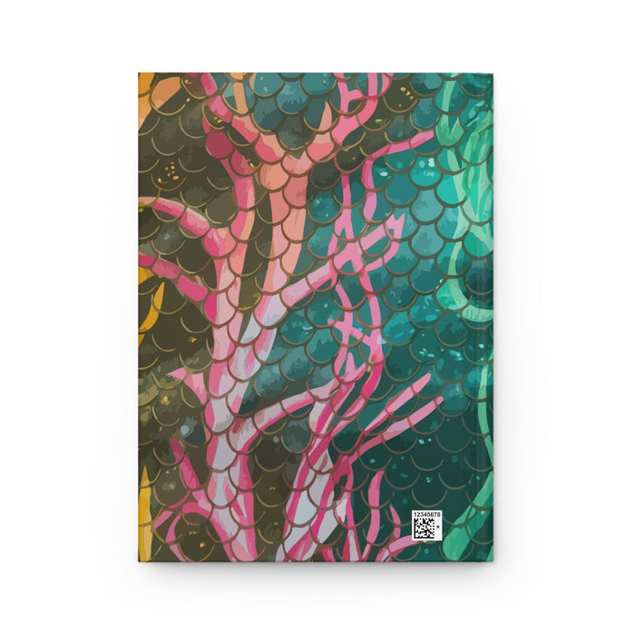 Hardcover matte journal back cover with multicolor mermaid scales and QR code