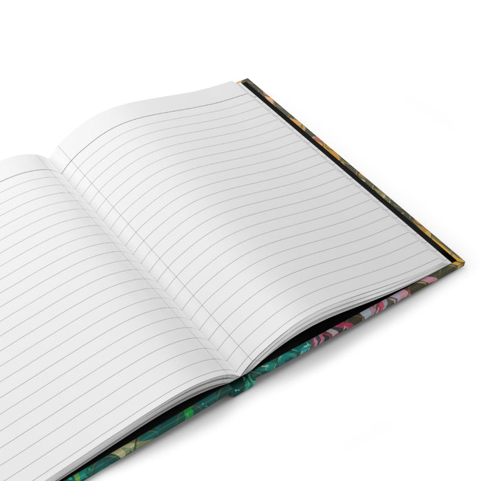 Hardcover matte journal opened to lined pages, black spine with gold edge