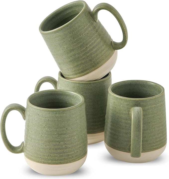 Green ceramic coffee mugs set of 4 with curved handles and speckled glaze, 15 oz