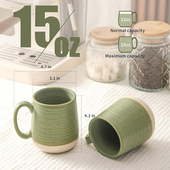 Green ceramic coffee mugs with curved handles, speckled glaze, 15 oz capacity