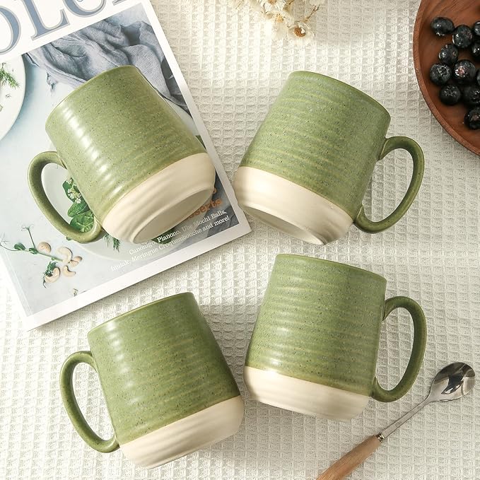 Green ceramic coffee mugs set of 4 with curved handles and speckled glaze