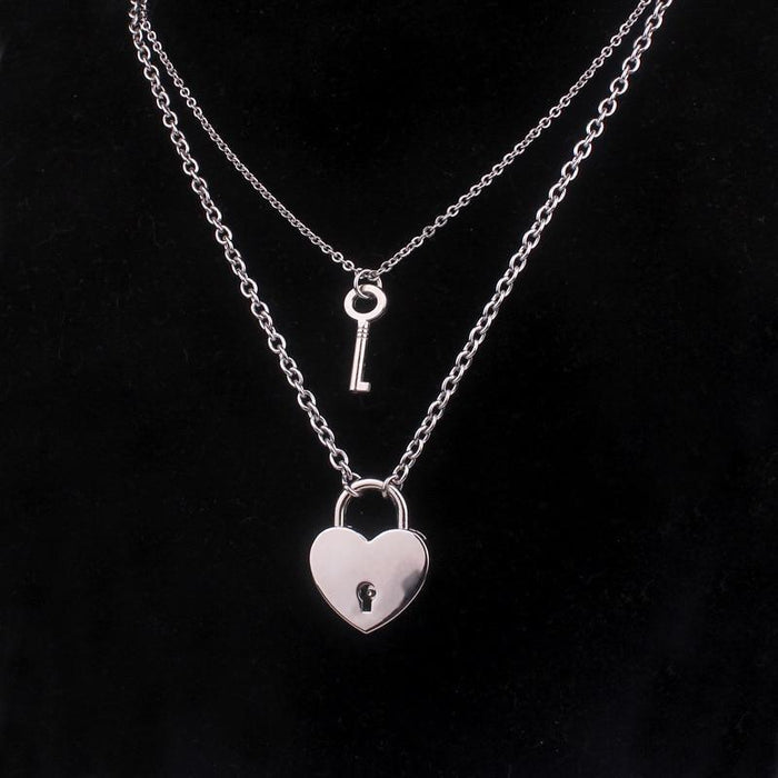 Heart lock pendant necklace with key charm, silver chain and heart locket