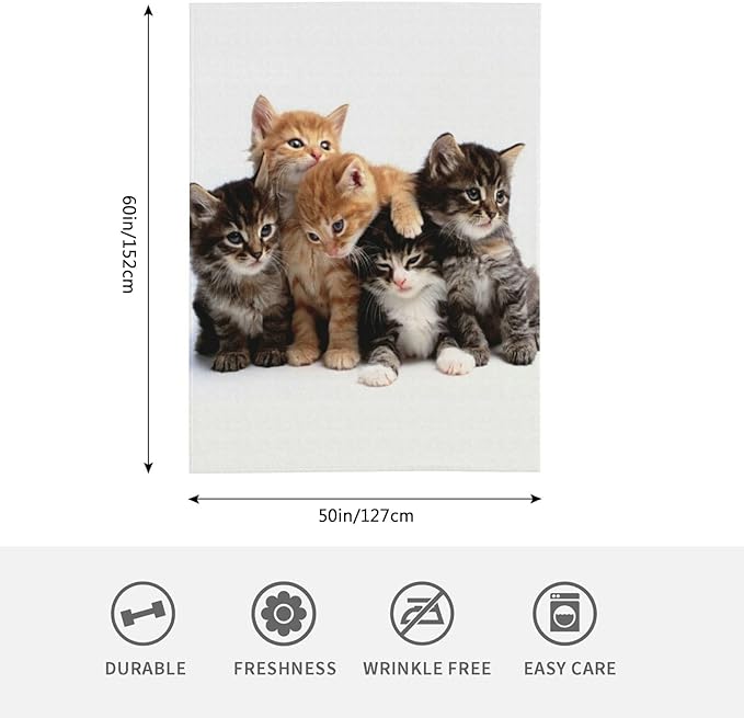 Cats throw blanket with kitten group print, shown laid flat with light background