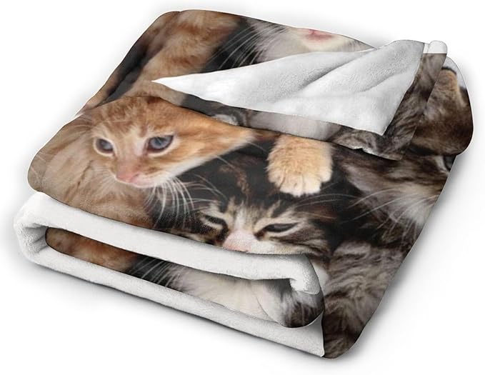 Cats throw blanket folded with kitten faces printed on soft white fleece