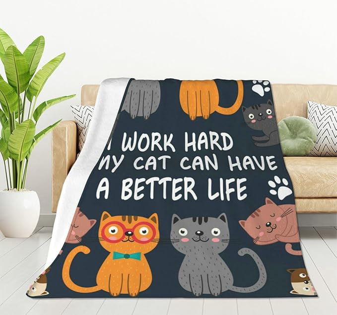 Dark flannel cat throw blanket with cartoon cats, paw prints, and bold quote